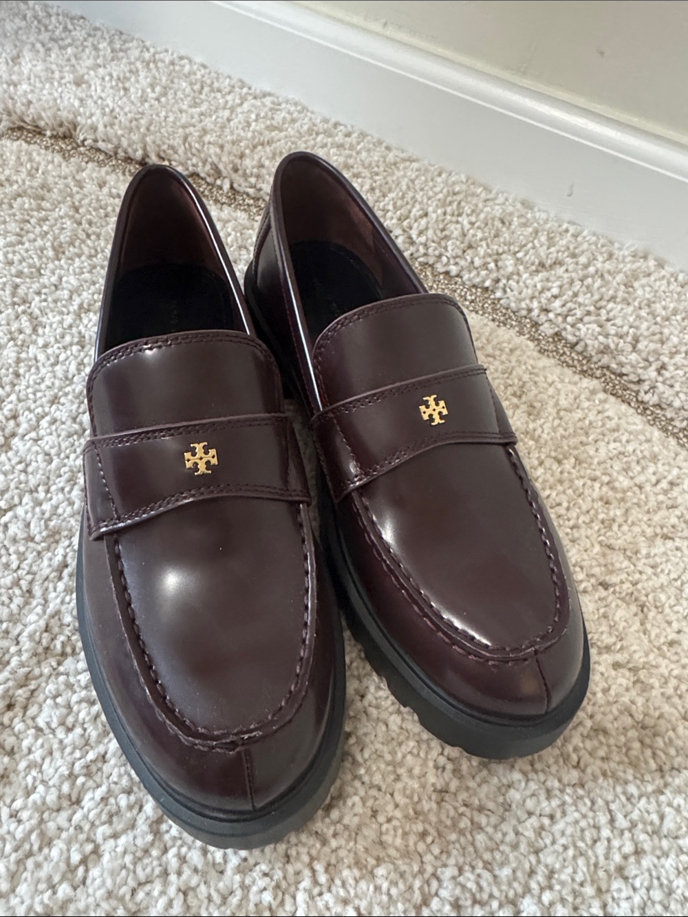 Tory Burch Women's Burgundy Leather Penny Loafers with Gold Logo